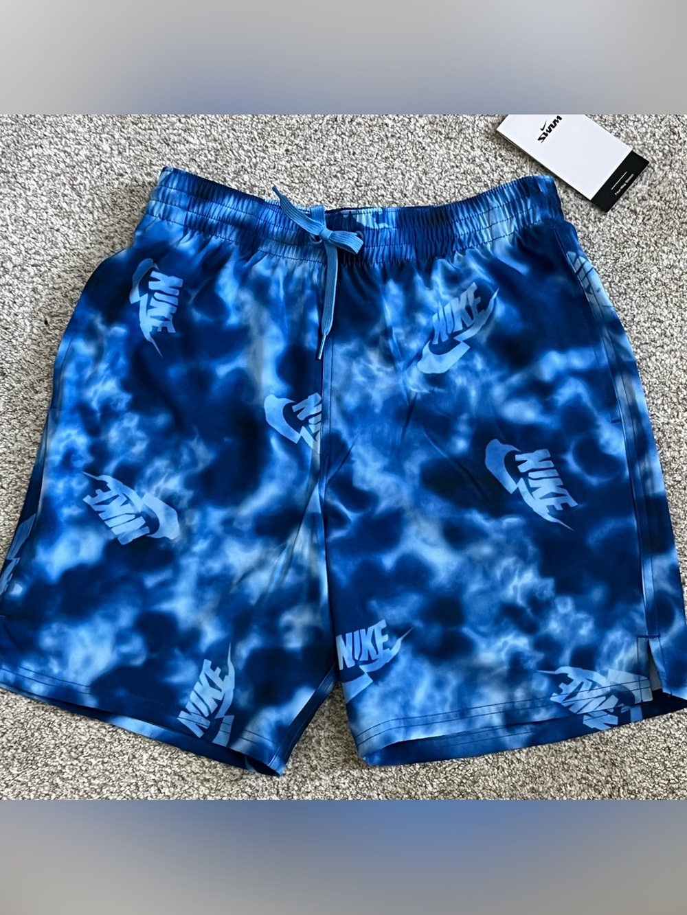 Nike Men’s Blue Lined Tie-Dye Logo Swim Shorts Trunk Size Small